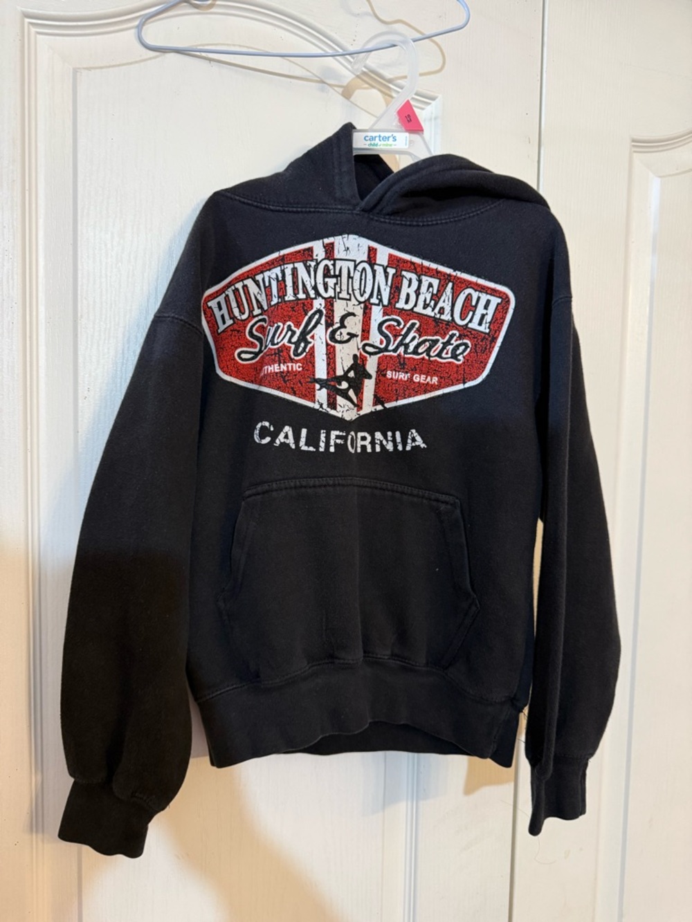 Black Hoodie with Red & White Huntington Beach Surf Graphic